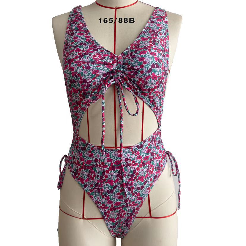 Wholesale Halter Printed Drawstring Ties Push Up One Piece Polyester Swimwear